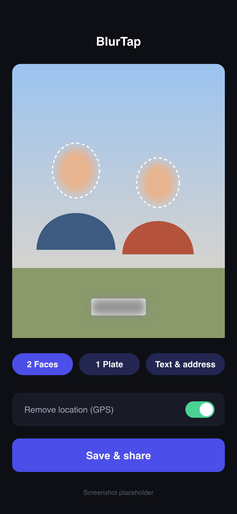 BlurTap on iPhone: two faces and a license plate blurred, with location removal switched on
